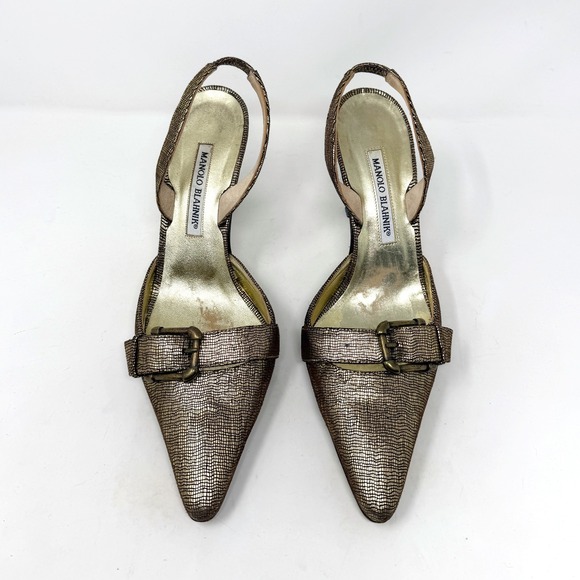 Vintage Manolo Blahnik Gold Textured Slingback Heels with Buckle Detail – EU 39 - Picture 2 of 7